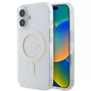 Guess GUHMP16SHFGERET iPhone 16 transparentní pevné pouzdro IML Glitter Circle MagSafe