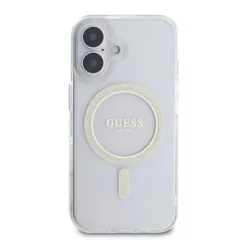 Guess GUHMP16SHFGERET iPhone 16 transparentní pevné pouzdro IML Glitter Circle MagSafe