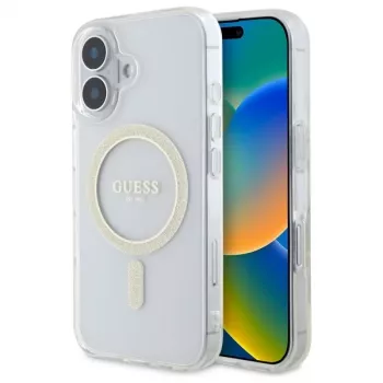 Guess GUHMP16MHFGERET iPhone 16 Plus 6,7 inch transparentní pevné pouzdro IML Glitter Circle MagSafe