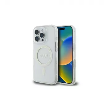 Guess GUHMP16LHFGERET iPhone 16 Pro 6,3 inch transparentní pevné pouzdro IML Glitter Circle MagSafe