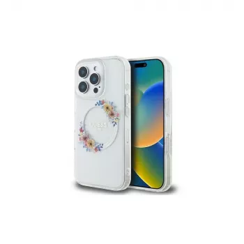 Guess GUHMP16LHFWFCT pevné pouzdro pro iPhone 16 Pro 6,3 inch transparentní IML Flowers Wreath MagSafe