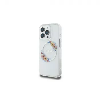 Guess GUHMP16LHFWFCT pevné pouzdro pro iPhone 16 Pro 6,3 inch transparentní IML Flowers Wreath MagSafe