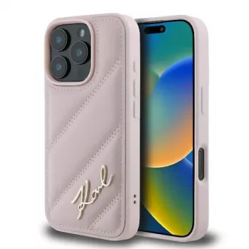 Karl Lagerfeld Quilted Signature pouzdro pro iPhone 16 Pro - růžové