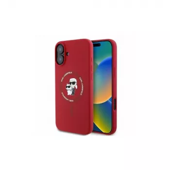 Pouzdro Karl Lagerfeld KLHMP16SSCMKCRHR pro iPhone 16 6,1 inch červené silikonové s prstenem Karl & Choupette a MagSafe