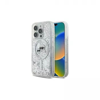 Pouzdro MagSafe Liquid Glitter Karl & Choupette Head Karl Lagerfeld pro iPhone 16 Pro Max (transparentní)