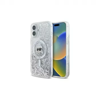 Pouzdro Hardcase MagSafe Liquid Glitter Karl Head Karl Lagerfeld pro iPhone 16 Plus, transparentní