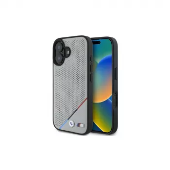 BMW M Perforated Tricolor Line MagSafe Hard Case for Apple iPhone 16 6.1 inch - Grey