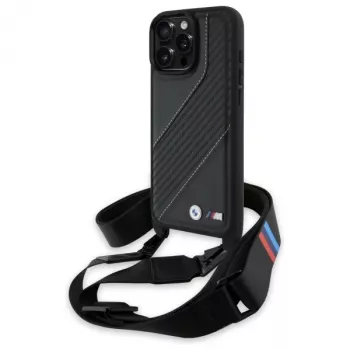 BMW M Edition Carbon Stripe & Strap Hard Case for Apple iPhone 16 Pro Max 6.9 inch Black