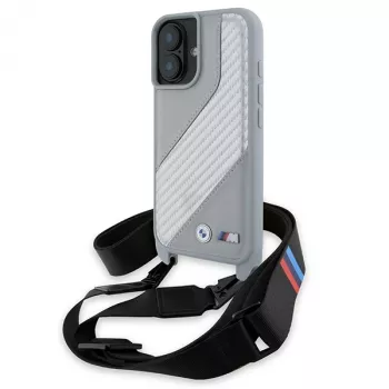 BMW BMHCP16S23PSCCG iPhone 16 6.1 inch Grey Hardcase M Edition Carbon Stripe & Strap