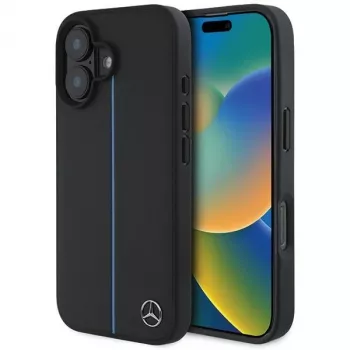 Pouzdro Mercedes-Benz MB Blue Line Leather MagSafe pro Apple iPhone 16 6,1 inch – černé