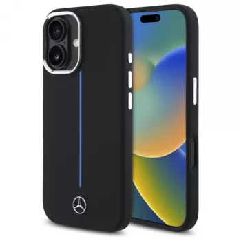 Mercedes-Benz MEHMP16S23SUMBK iPhone 16 6,1 inch černé silikonové pevné pouzdro s modrým pruhem MagSafe
