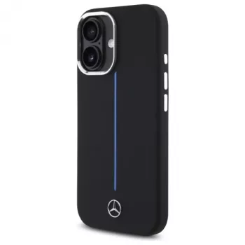 Mercedes-Benz MEHMP16S23SUMBK iPhone 16 6,1 inch černé silikonové pevné pouzdro s modrým pruhem MagSafe