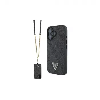 Guess GUHCP16SP4TDSCPK iPhone 16 pevné pouzdro kožené s kovovým logem, kamínky a crossbody popruhem černé