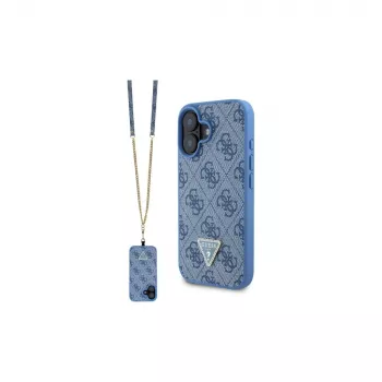 Guess GUHCP16SP4TDSCPB iPhone 16 6,1 inch modré pevné pouzdro kožené s kovovým logem, kamínky a crossbody popruhem