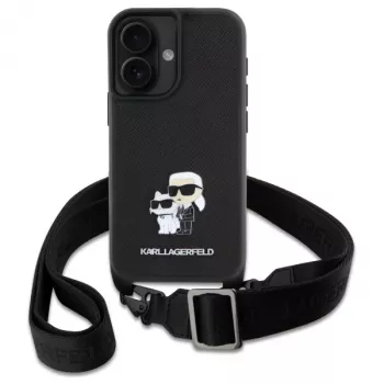 Pouzdro Hardcase Saffiano Karl & Choupette Metal Pin CBDY Strap Karl Lagerfeld pro iPhone 16 6,1 inch, černé
