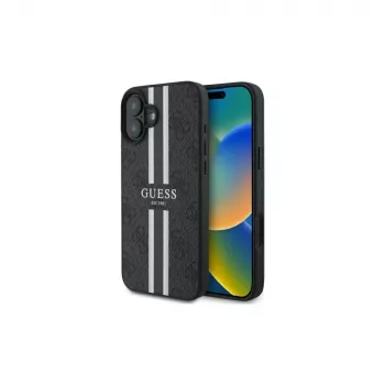 Guess GUHMP16SP4RPSK pevné pouzdro pro iPhone 16 6,1 inch černé 4G Printed Stripes MagSafe