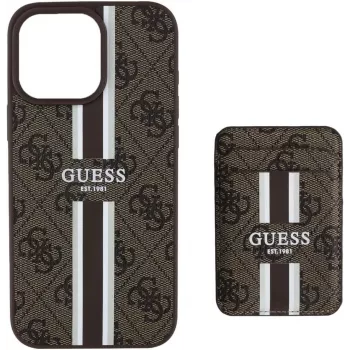 Guess 4G Stripes peněženkové pouzdro s MagSafe pro iPhone 16 Pro Max hnědé