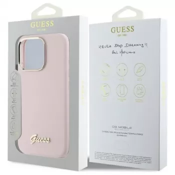 Guess GUHCP16LSMBSLP pevné silikonové pouzdro pro iPhone 16 Pro 6,3 inch růžové s kovovým logem Script a rámem
