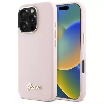 Guess GUHCP16LSMBSLP pevné silikonové pouzdro pro iPhone 16 Pro 6,3 inch růžové s kovovým logem Script a rámem