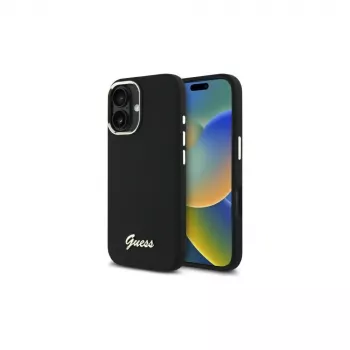Guess GUHCP16MSMBSLK pevné silikonové pouzdro s kovovým logem Script a rámem pro Apple iPhone 16 Plus 6,7 inch - černé