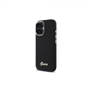 Guess GUHCP16MSMBSLK pevné silikonové pouzdro s kovovým logem Script a rámem pro Apple iPhone 16 Plus 6,7 inch - černé