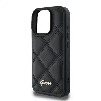 Guess GUHCP16LPSQSQSK pevné pouzdro pro Apple iPhone 16 Pro 6,3 inch černé prošívané kovové logo