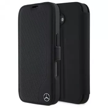 Mercedes-Benz MEBKP16S23RBGVK pouzdro typu kniha pro iPhone 16 6.1, černé, umělá kůže a imitace dřeva