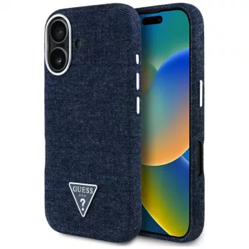 Guess pouzdro Denim Triangle Logo MagSafe pro iPhone 16 modré