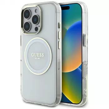 Guess pouzdro IML Metal Colored Circle Classic Logo MagSafe pro iPhone 16 Pro (bílé)