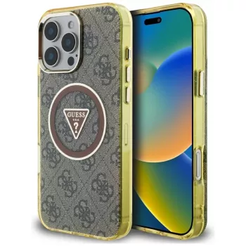 Guess pouzdro IML Metal Glitter 4G Circle Triangle MagSafe pro iPhone 16 Pro (hnědé)
