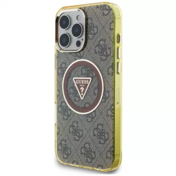 Guess IML Metal Glitter 4G Circle Triangle MagSafe Case for iPhone 16 Pro Max (Brown)
