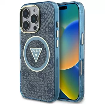 Guess IML Metal Glitter 4G Circle Triangle MagSafe pouzdro pro iPhone 16 Pro Max (modré)