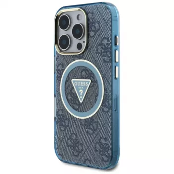 Guess IML Metal Glitter 4G Circle Triangle MagSafe pouzdro pro iPhone 16 Pro Max (modré)