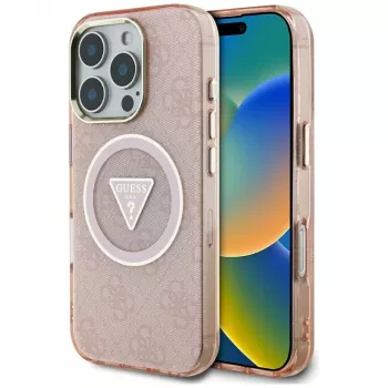Guess IML Metal Glitter 4G Circle Triangle MagSafe pouzdro pro Apple iPhone 16 Pro Max (růžové)