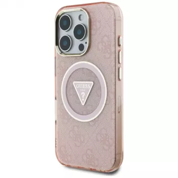Guess IML Metal Glitter 4G Circle Triangle MagSafe pouzdro pro Apple iPhone 16 Pro Max (růžové)