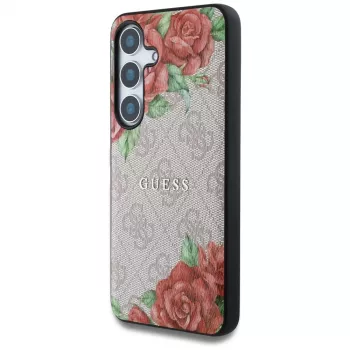 Guess Leather 4G Flowers Print Metal Classic Logo MagSafe Case for Samsung Galaxy S25 Pink