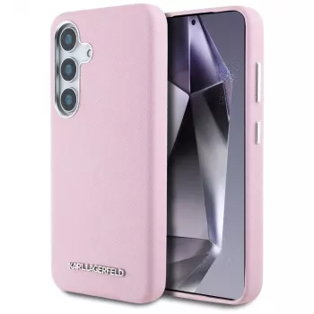 Karl Lagerfeld Saffiano FullWrapped Elongated Metal Logo MagSafe pouzdro pro Samsung Galaxy S25 růžové