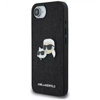 Pouzdro Karl Lagerfeld Fixed Glitter Karl & Choupette Heads Metal Pin pro Apple iPhone 16e, černé