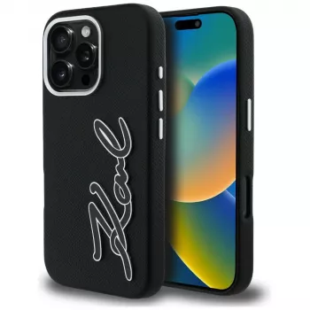Karl Lagerfeld FW Grained Signature Logo pouzdro pro iPhone 16 Pro, černé