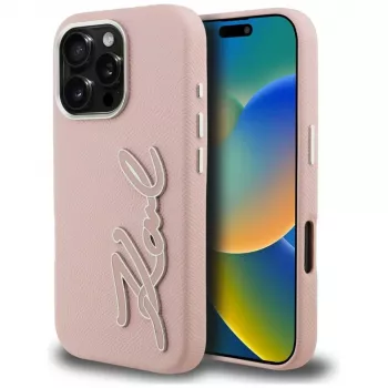 KARL LAGERFELD FW Grained Signature Logo pouzdro pro iPhone 16 Pro Max růžové