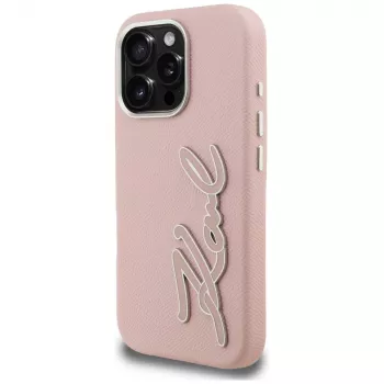 KARL LAGERFELD FW Grained Signature Logo pouzdro pro iPhone 16 Pro Max růžové