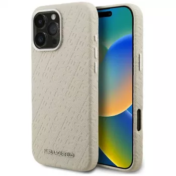 Pouzdro MagSafe Karl Lagerfeld FW Stamped Karl pro iPhone 16 Pro, béžové