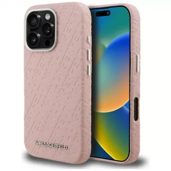 Pouzdro MagSafe Karl Lagerfeld FW Stamped Karl pro iPhone 16 Pro Max, růžové