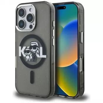 Pouzdro MagSafe Karl Lagerfeld IML Glitter Karl & Choupette Sketch Logo pro iPhone 16 Pro Max, černé