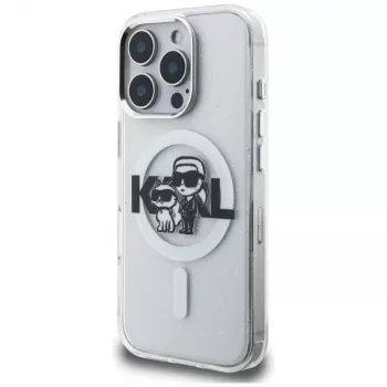 Pouzdro MagSafe Karl Lagerfeld IML Glitter Karl & Choupette Sketch Logo pro iPhone 16 Pro Max, průhledné