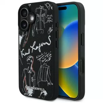 KARL LAGERFELD MagSafe pouzdro s vroubkovaným vzorem & logem pro iPhone 16, černé