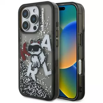 KARL LAGERFELD Liquid Glitter Choupette Logo pouzdro pro iPhone 16 Pro, černé