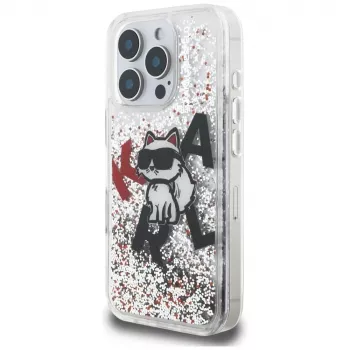 KARL LAGERFELD Liquid Glitter Choupette Logo pouzdro pro iPhone 16 Pro, transparentní
