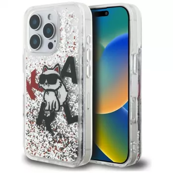 Karl Lagerfeld Liquid Glitter Choupette Logo pouzdro pro Apple iPhone 16 Pro Max, transparentní