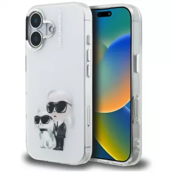 Pouzdro Karl Lagerfeld IML Aquarelle Karl & Choupette & Logo pro Apple iPhone 16, bílé